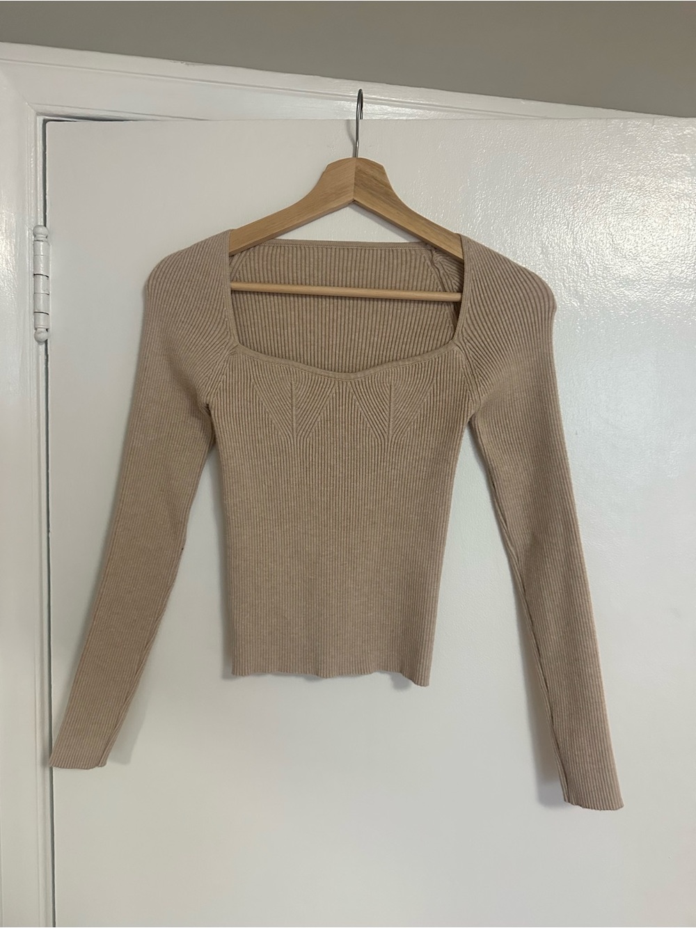 Ribbed Square-Neck Long Sleeve Top - Beige